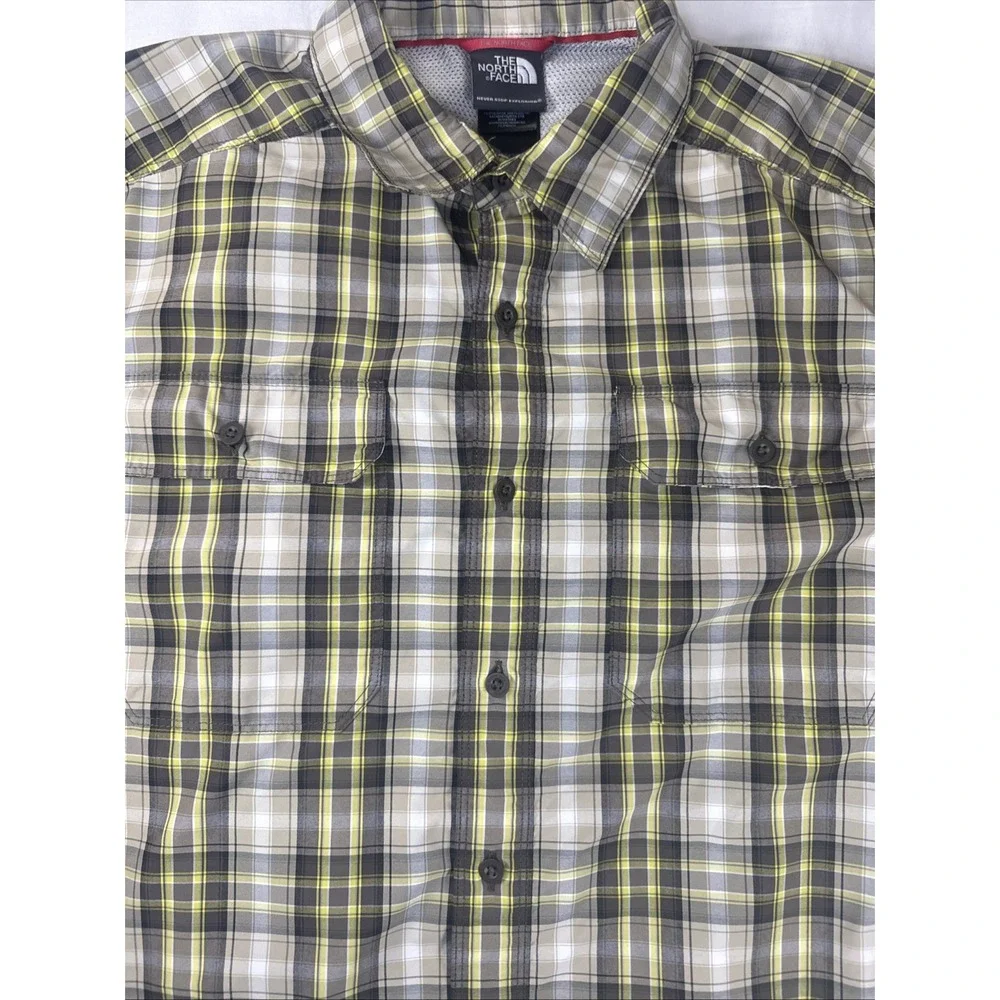 North Face Hiking Trail Shirt‎ Yellow Plaid Mens M Short Sleeve Button Outdoor